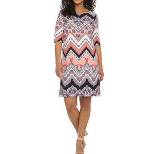 Studio 1-Petite 3/4 Sleeve Chevron Puff Print Shift Dress